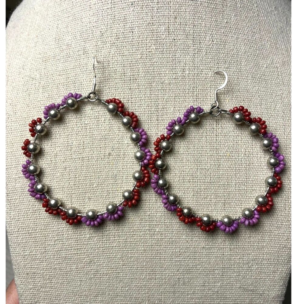 Purple & red beaded hoop earrings